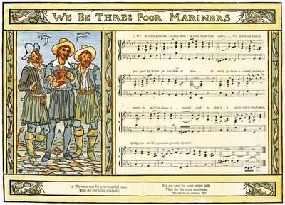 「We Be Three Poor Mariners」、「Pan-Pipes」の歌のイラスト、古歌の本、新しくアレンジされ、Theoの伴奏付き。 Marzials、George Routledge und Sons、1884（co 作： Walter Crane